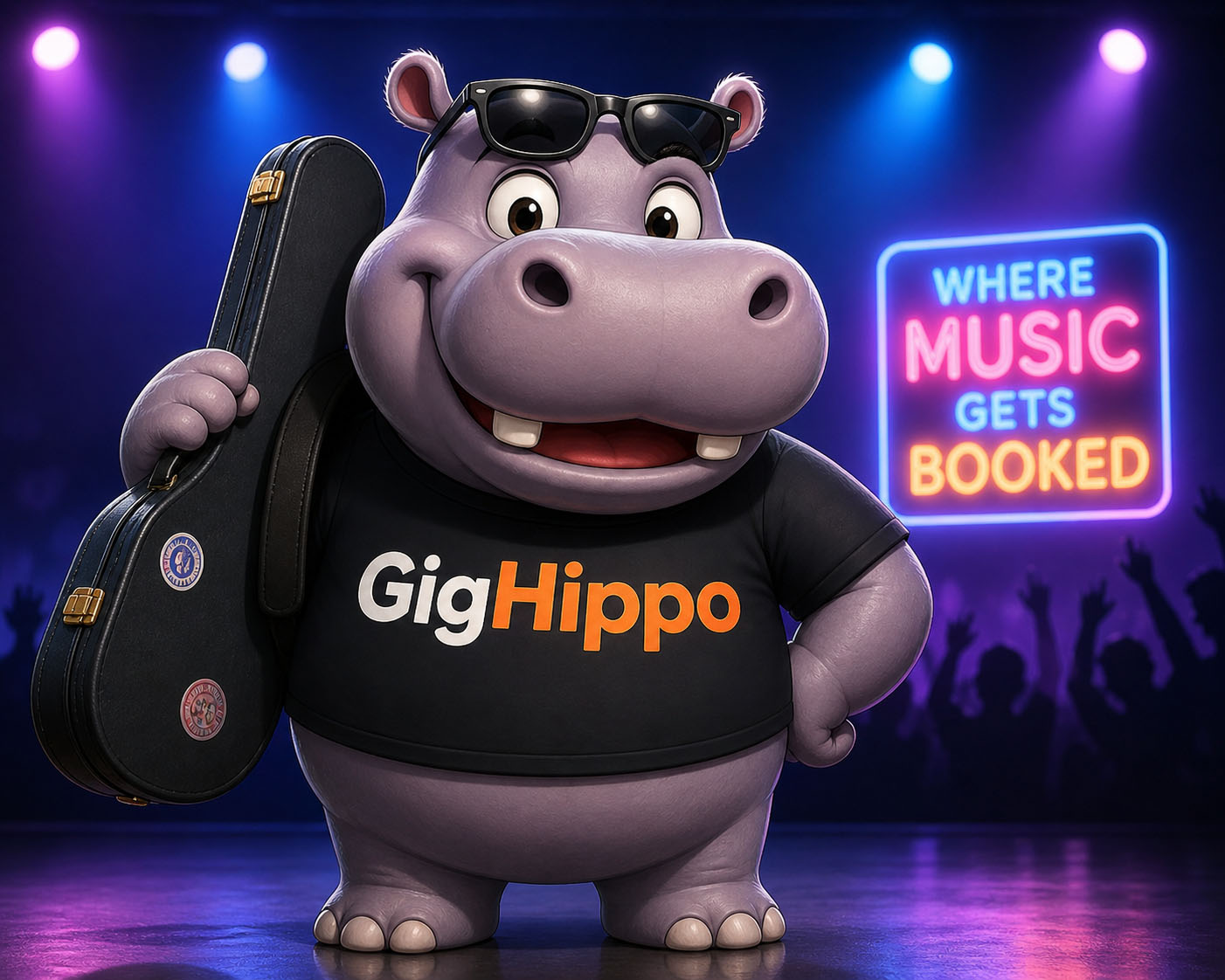 Gig Hippo mascot on a live stage